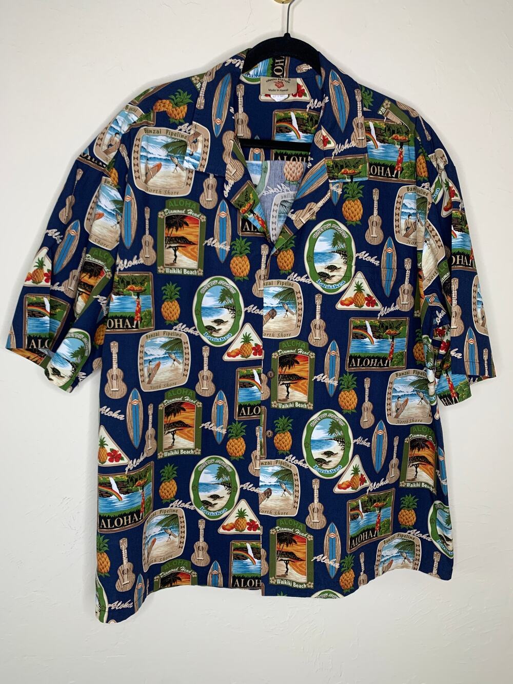 Hawaii Station Shirt Aloha Guitar Turtle Pineapple Palm Tree 100% Cotton 3XL